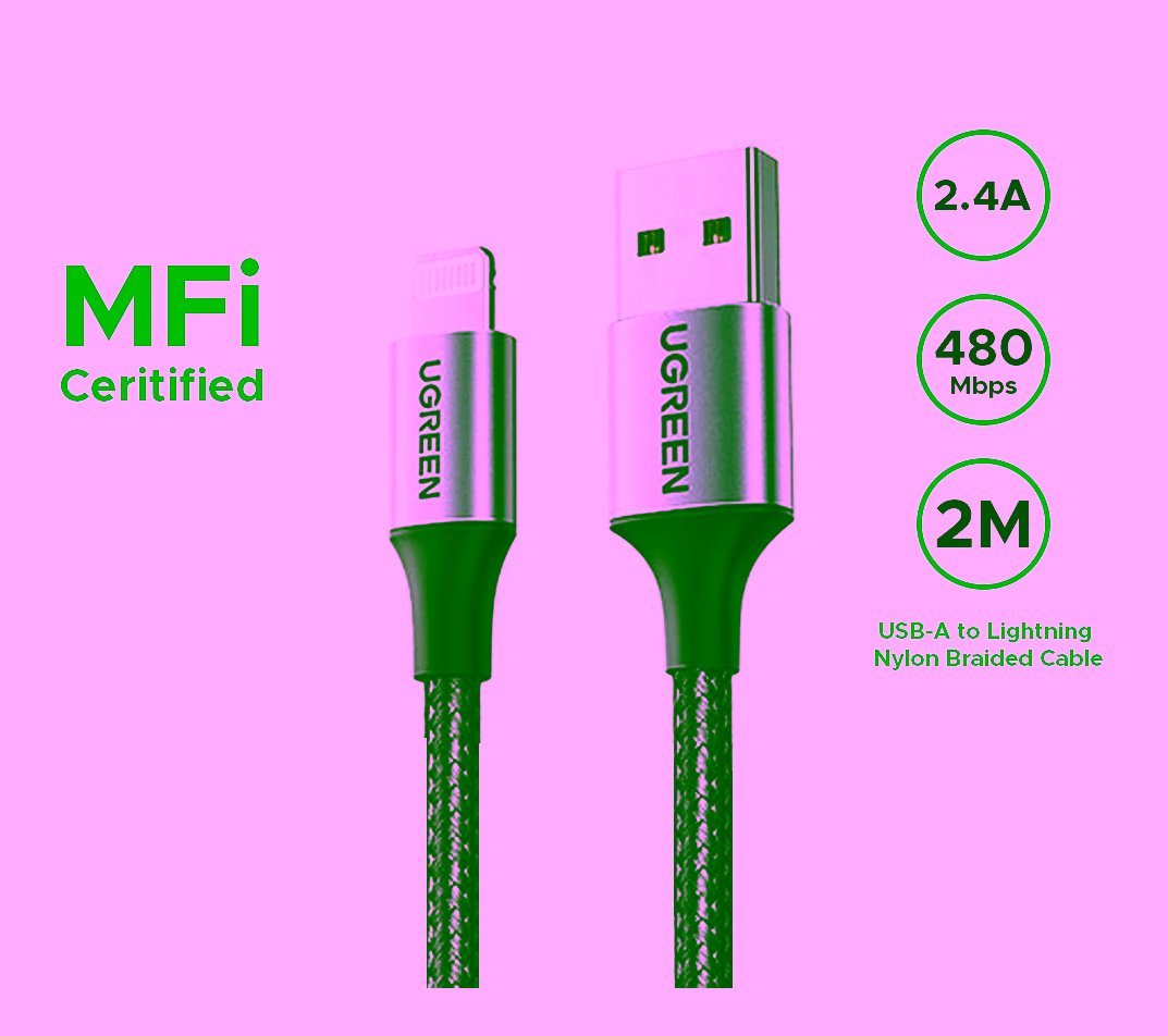UGREEN 2 Meter MFi Certified USB to Lightning 2.4A Nylon Braided Cable